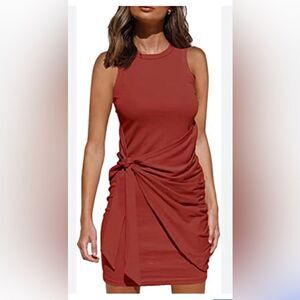 Liyohon Dress Casual Sleeveless Tank  Crewneck Bodycon Ruched Tie Waist Mini H6